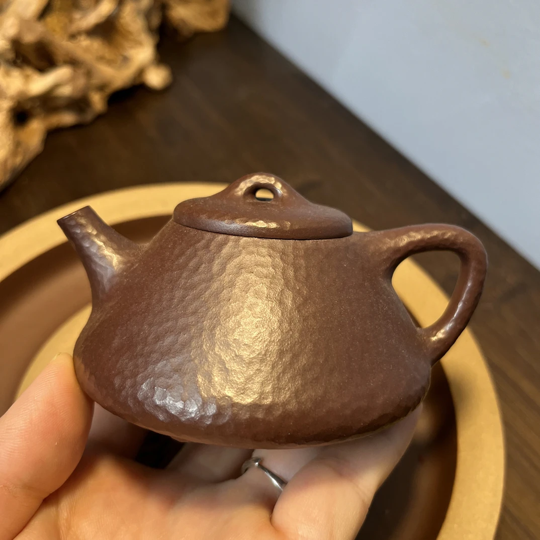 宜兴原矿紫泥半手工制作110CC小品捶打纹子冶石瓢