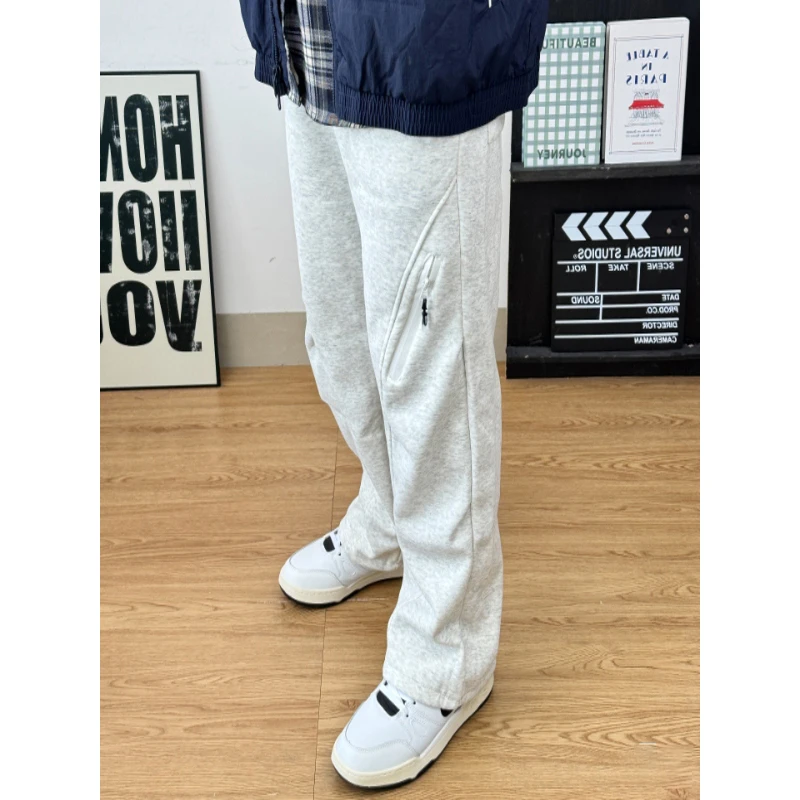 美式卫裤男款秋冬褶皱拉链设计阔腿运动长裤直筒宽松加厚休闲裤子