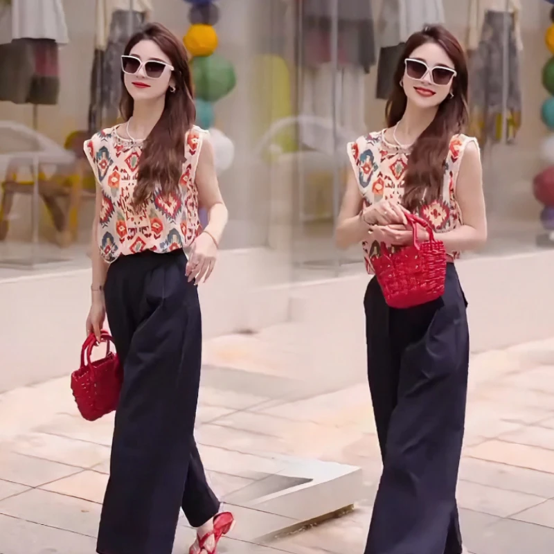 夏季新款高级感民族风圆领宽松衬衫上衣+显瘦九分休闲阔腿裤子