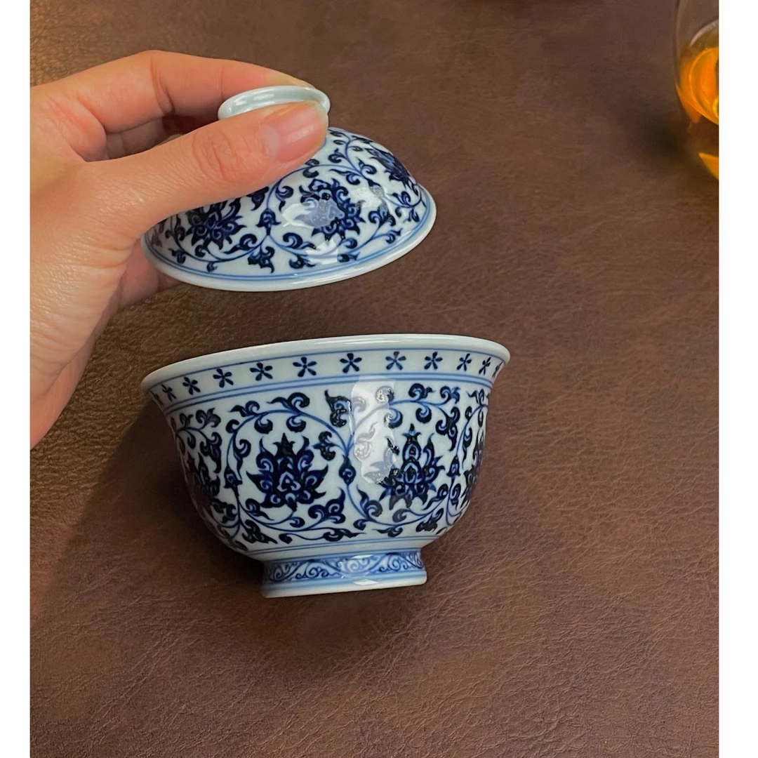 景德镇纯手工手绘陶瓷青花缠枝莲柴窑压手盖碗高温青花家用釉下彩