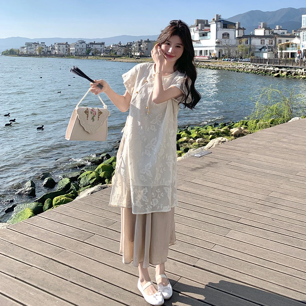 时尚新中式国风连衣裙两件套女减龄2025夏新款罩衫吊带裙洋气套装