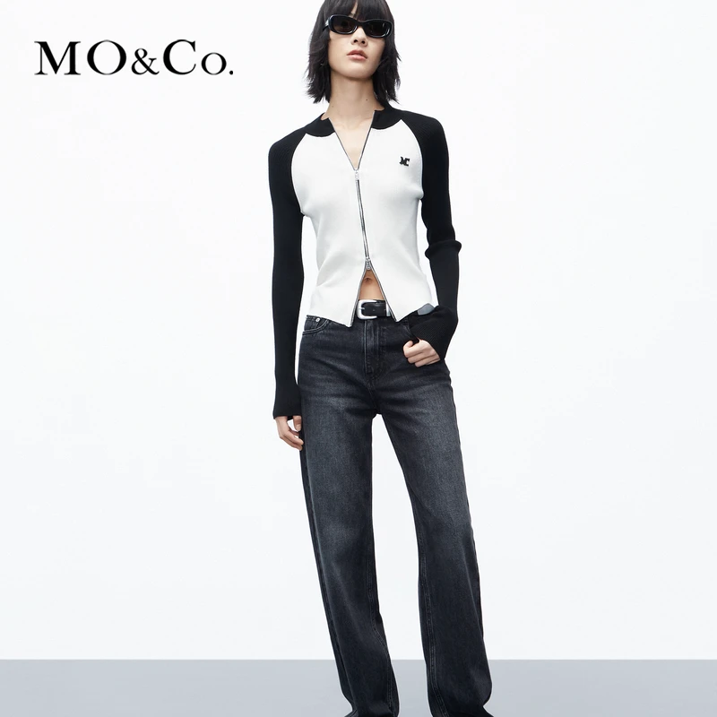 【诗语专属】MOCO秋插肩袖双拉链刺绣短款针织衫开衫MBC3CARK01