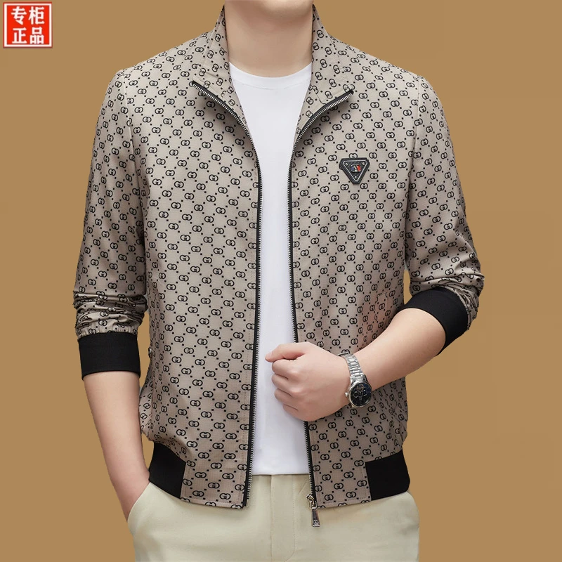 GABBANIE专柜高档立领夹克男士休闲春秋中青年商务印花薄款外套潮