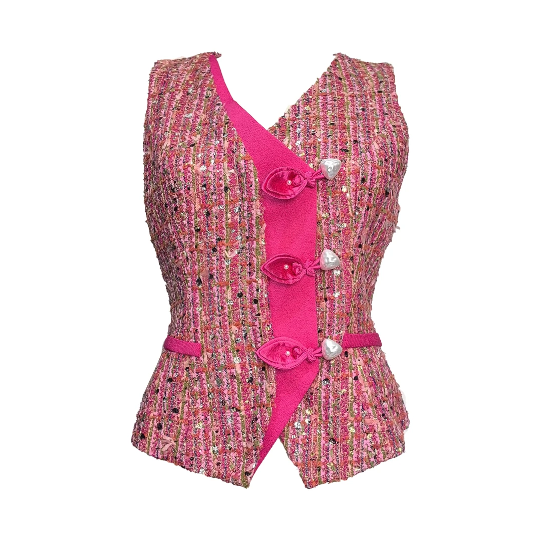 小香风复古显瘦粗花呢马甲短款珍珠国风盘扣时尚女无袖马夹上衣