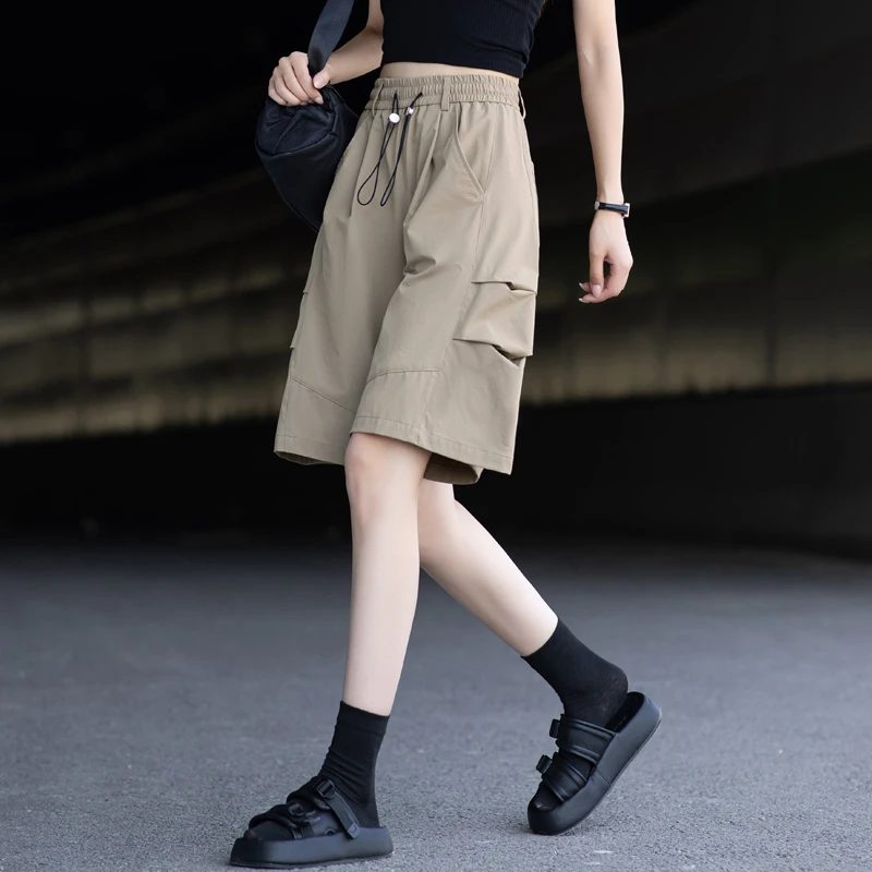 美式速干工装短裤女薄款2025新款宽松运动五分裤休闲a字阔腿中裤