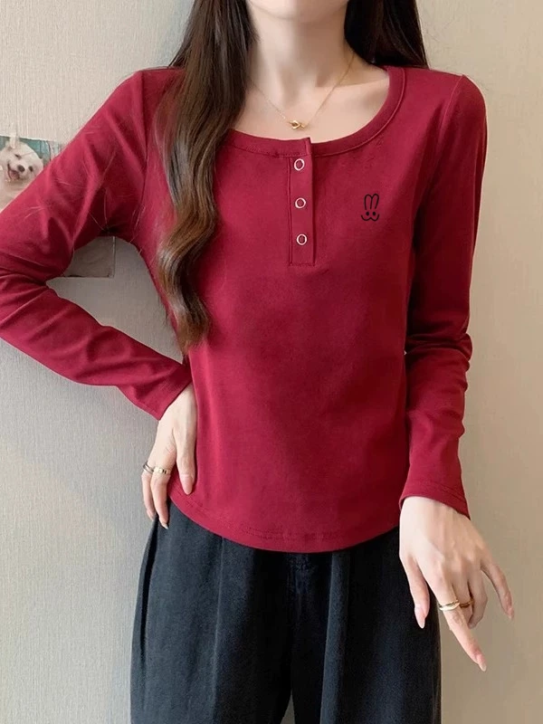 百搭欧货洋气红色长袖t恤女春秋显瘦减龄内搭打底衫上衣时尚显瘦