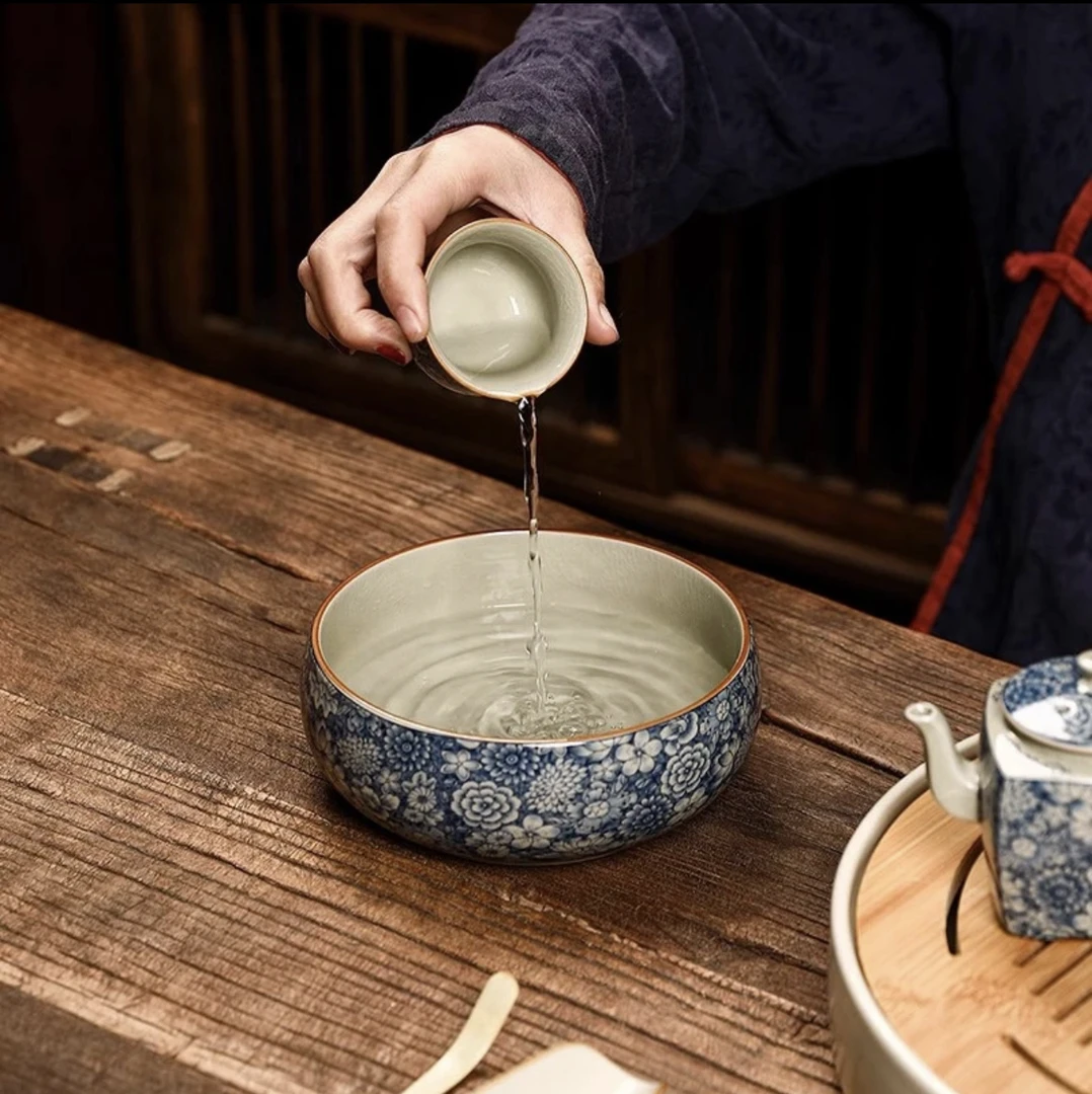 老陶泥青花茶洗缸/古汝大品牌/自然开裂X010