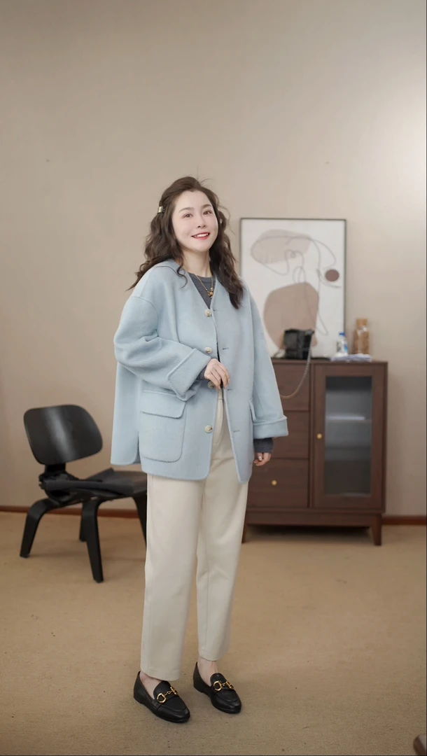 【小安老板】25005休闲高端牦牛绒桑蚕丝驼绒设计款大衣外套