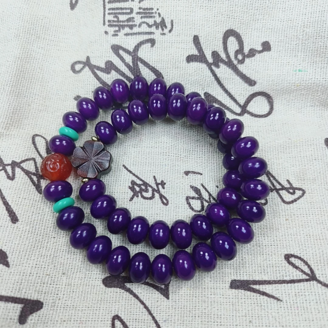 紫色菩提根老料8*10算盘珠两圈手串手持四叶草男女百搭国风优雅