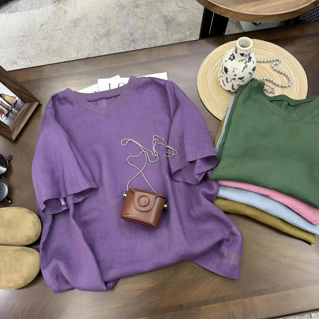 2025夏季大码文艺复古简约纯色宽松鸡心领打底T恤中年女上衣衬衫