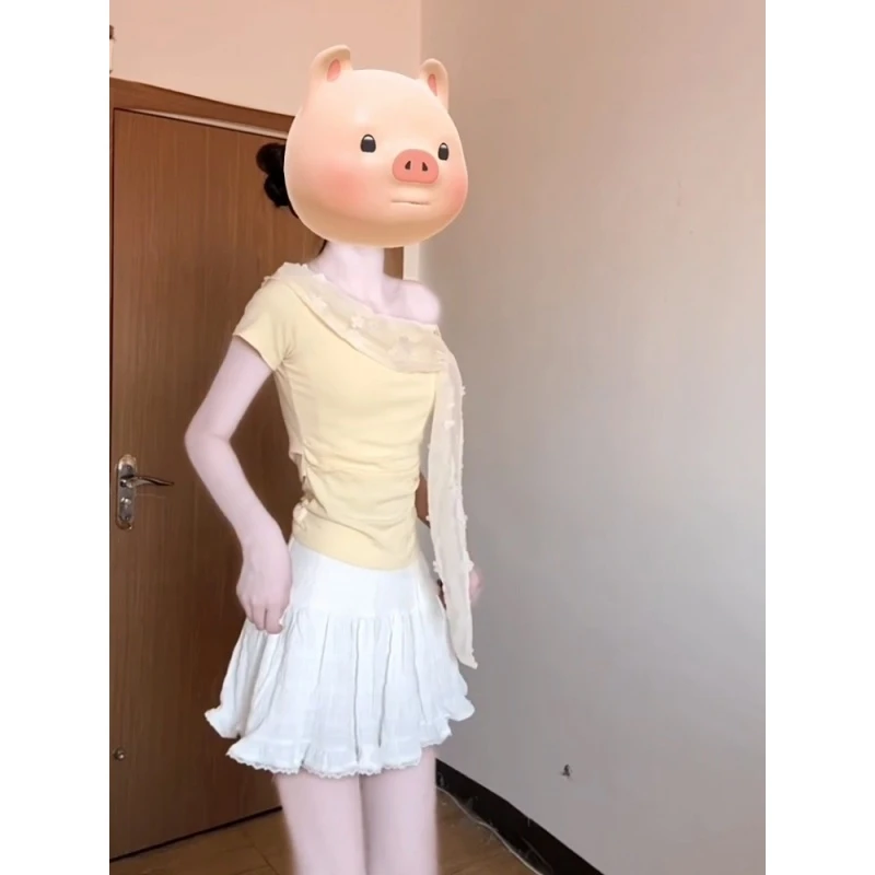 甜美蕾丝拼接一字领黄色斜肩短袖T恤女夏季辣妹修身显瘦短款上衣
