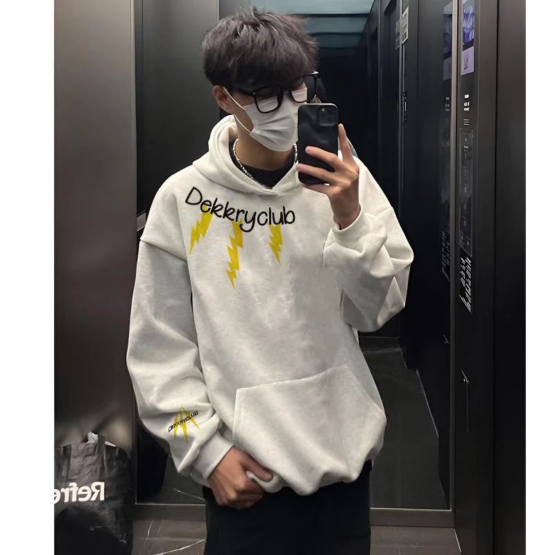 美式创意云朵闪电字母印花连帽卫衣男女秋冬季百搭宽松休闲上衣服