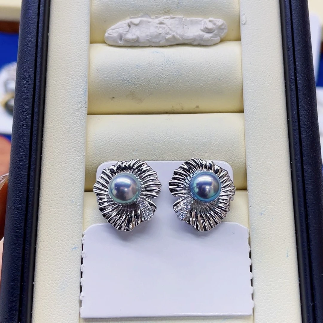 银S925镶嵌海水珍珠耳饰真多麻耳钉7-8mm