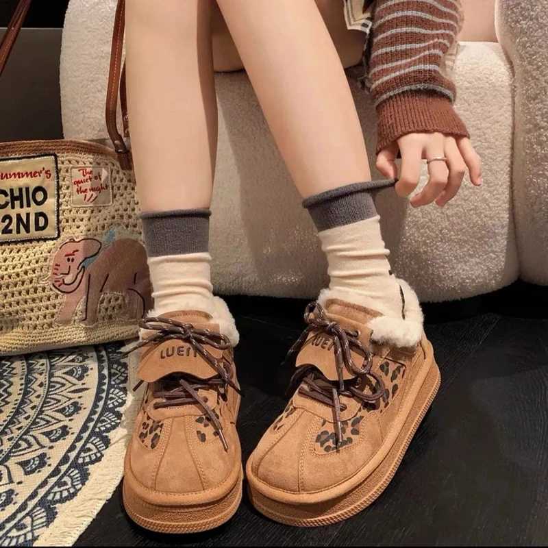 冬季豹纹新款冬款女鞋休闲百搭加绒加厚保暖厚底时尚6888