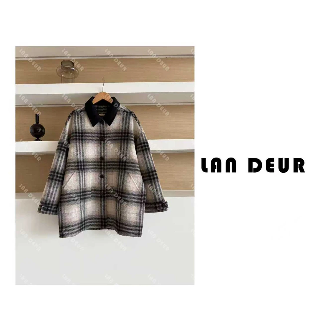 JIUJIU【独占月影】羊毛冬季格子撞色翻领气质时尚中长款毛呢外套