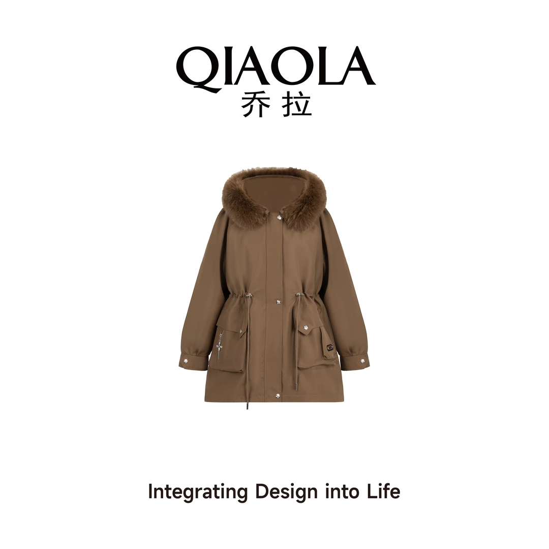 QIAOLA/乔拉【芬兰暖阳】秋冬季翻领狐狸毛领显瘦保暖休闲外套