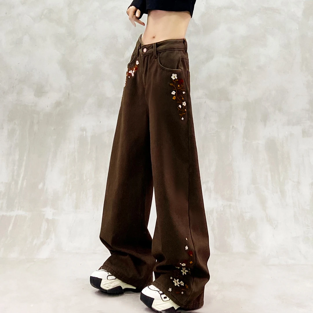 刺绣花设计加绒休闲牛仔裤女冬新款高腰宽松显瘦百搭直筒阔腿裤子