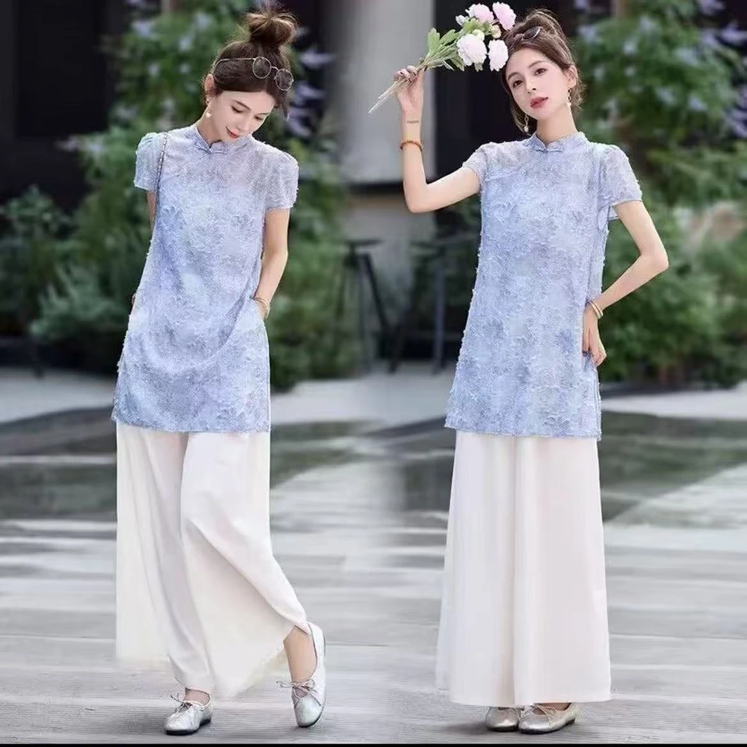 2025新中式套装女夏季高级感洋气质女士宽松显瘦旗袍阔腿裤两件套