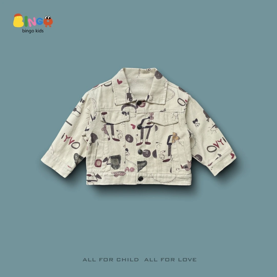 【hcb3123】儿童春款卡通满印涂鸦牛仔外套杏