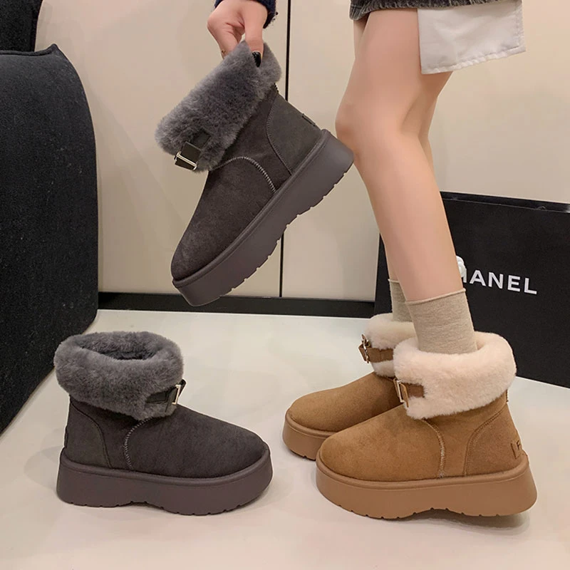 厚底雪地靴女2025冬季新款圆头百搭加绒加厚两穿翻毛短筒雪地棉鞋