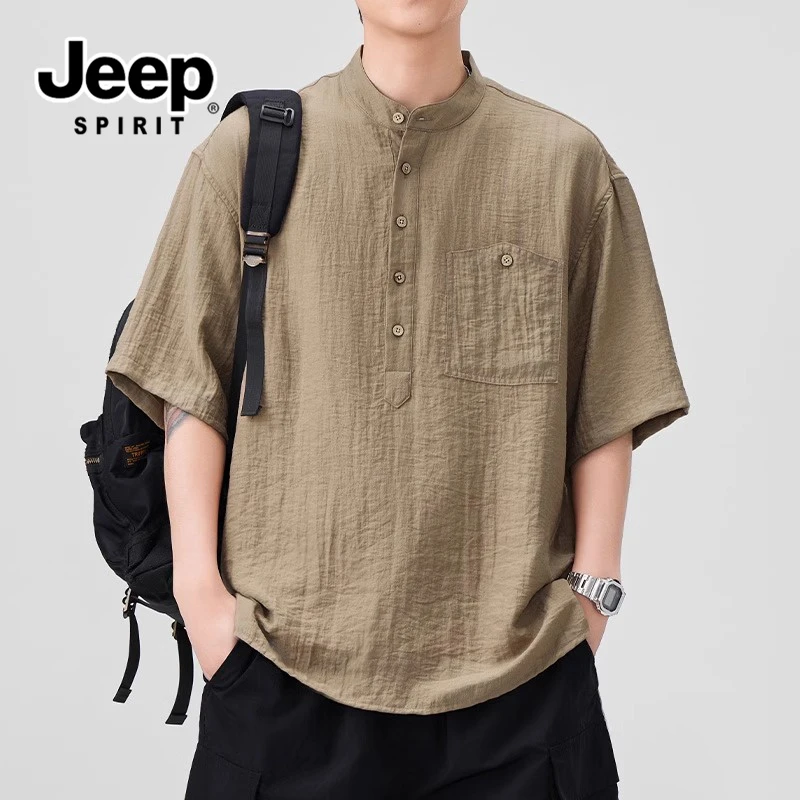 JEEPSPIRIT吉普亚麻短袖衬衫男士夏季日系复古亨利领宽松休闲衬衣