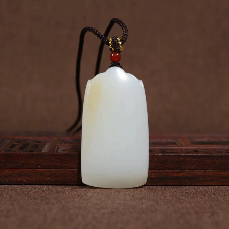 和田白玉平安无事牌子挂件 男女天然玉石吊坠手工白色时尚百搭