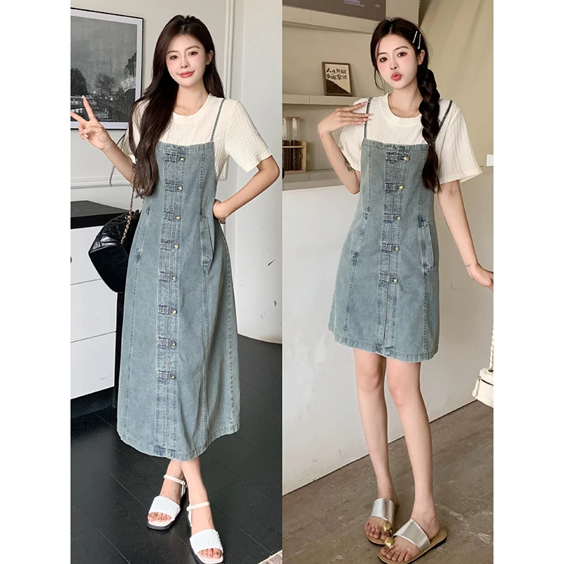 大码复古假两件连衣裙女装夏季梨形身材牛仔裙胖MM遮肚子显瘦裙子