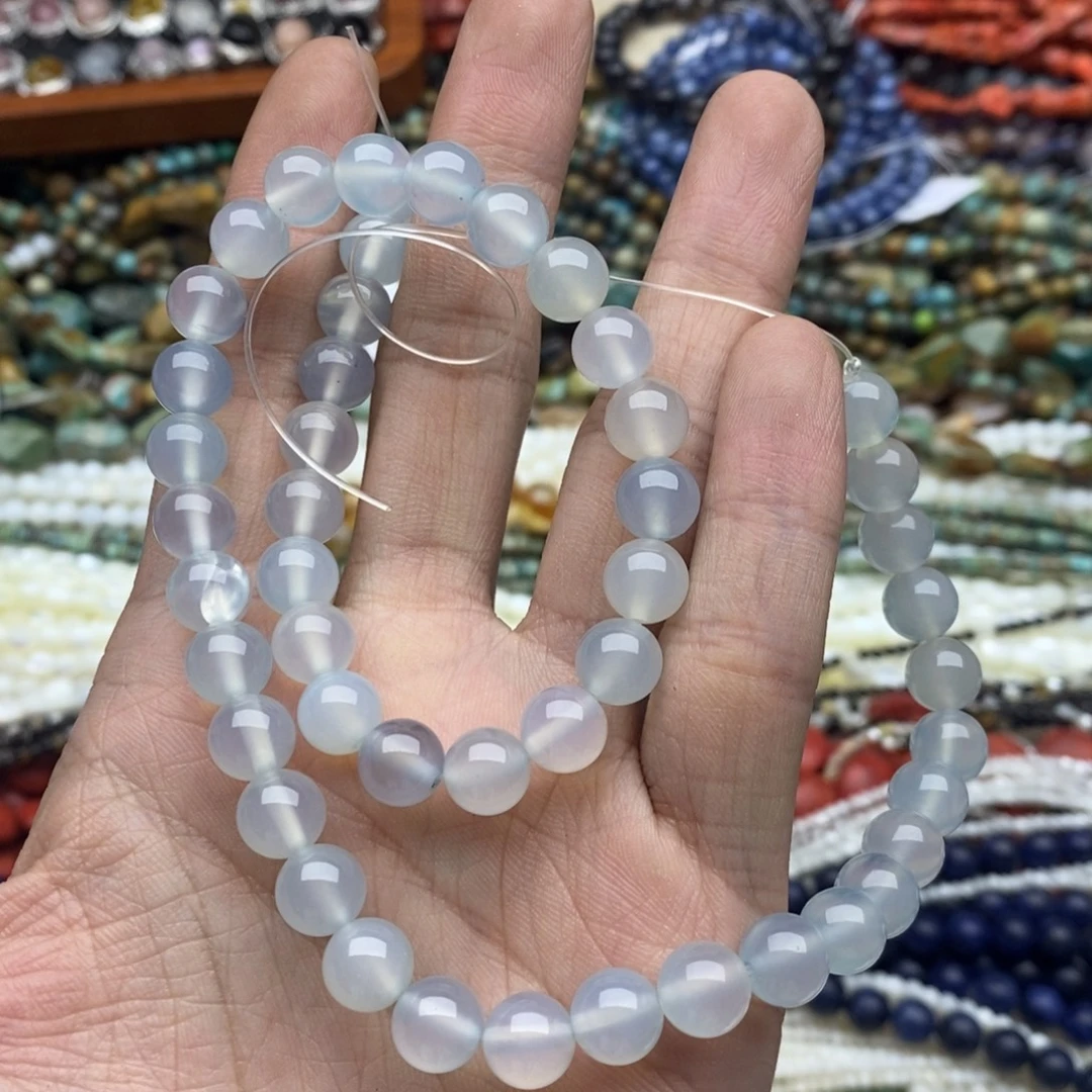 玛瑙/玉髓未镶嵌珠宝半成品一条天然8mm冰川蓝玛瑙