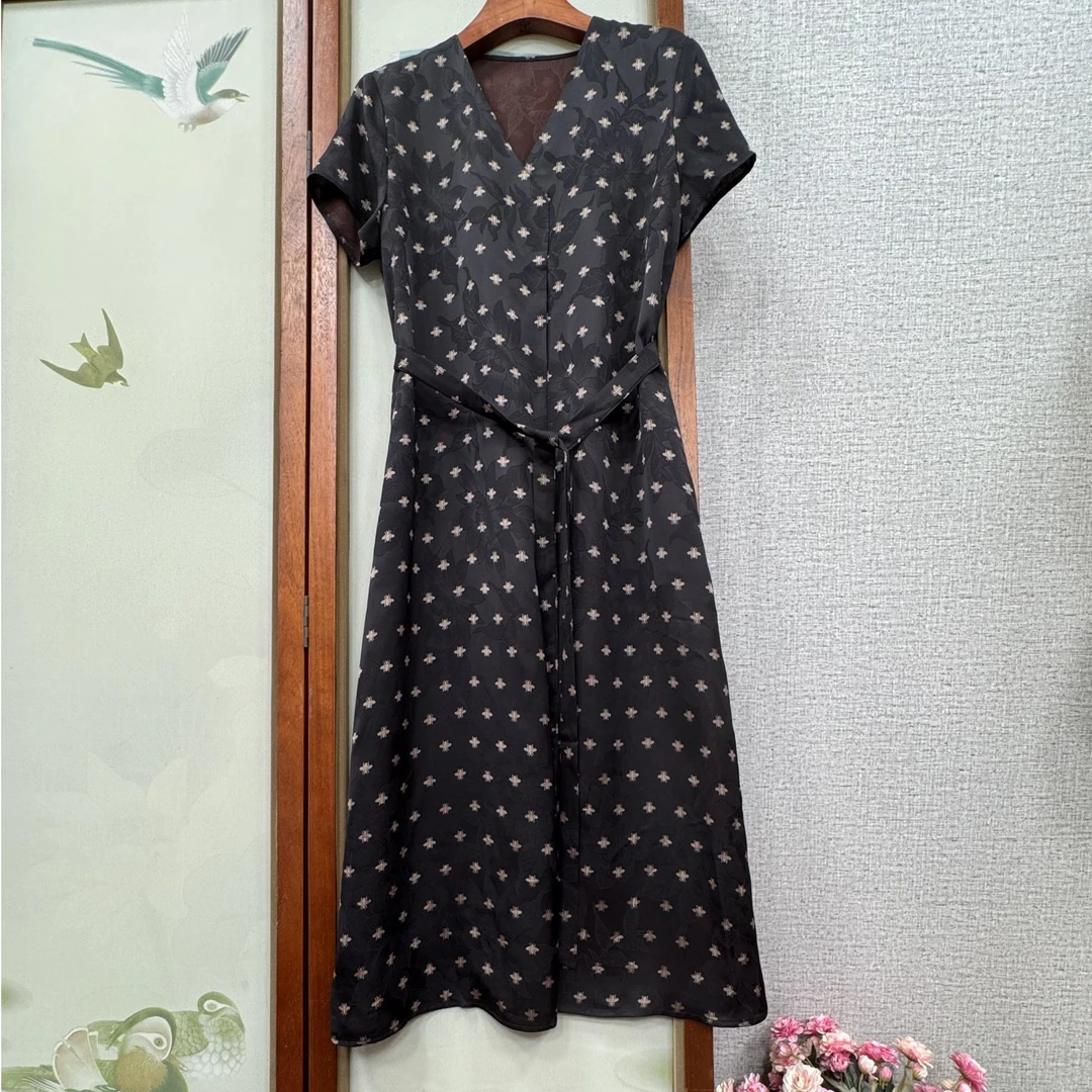 Y1265新中式国风连衣裙V领系腰带遮肚子显瘦年轻款夏天短袖裙子