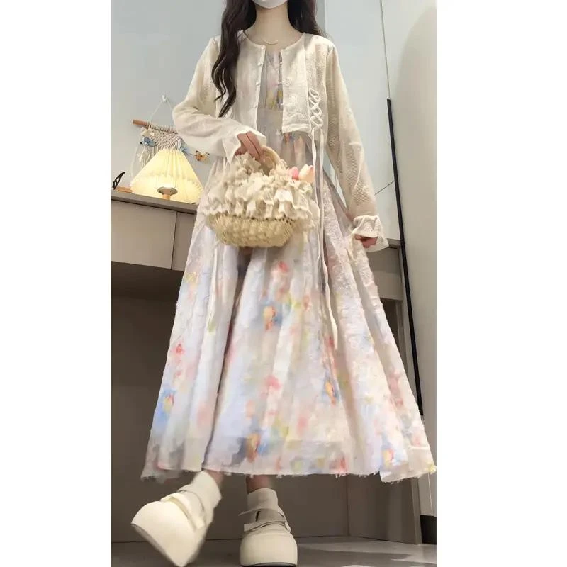 郁香染夏法式气质温柔风吊带连衣裙粉嫩少女碎花裙子仙开衫