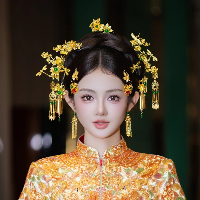 合金树脂婚庆饰品 新娘头饰中式金色龙凤褂蜻蜓古风配饰品MT0107