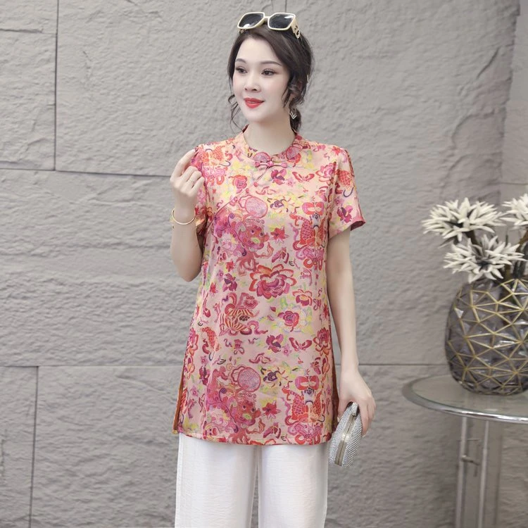 夏季新款短袖女装印花时尚气质高端洋气新中式国风版上衣