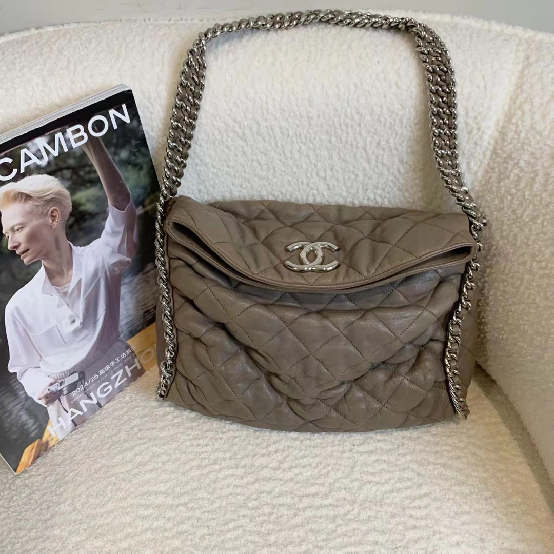 95新 Chanel/香奈儿 壹臻/ 棕银hobo机场包 14开 46468152