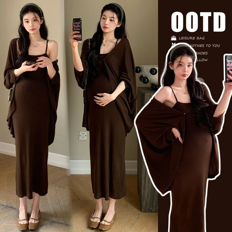 【枫丽】2025早春新品孕妇套装时尚法式弹力针织吊带裙+开衫两件套
