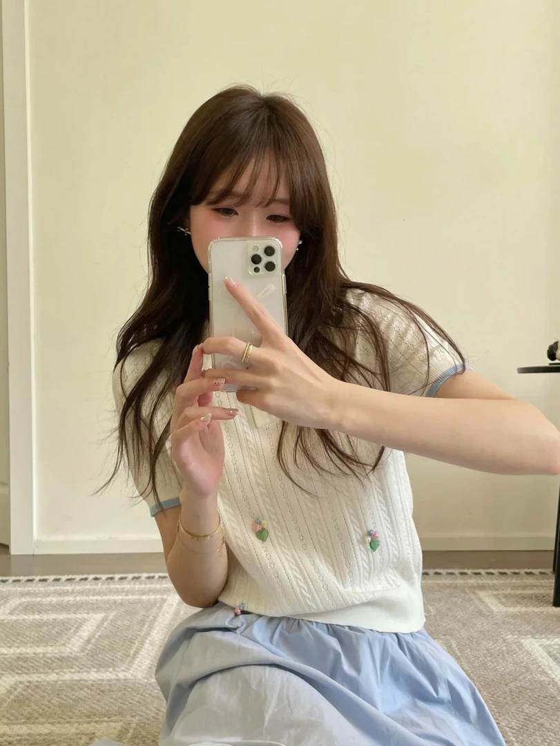 【DMXJ大梦想家】法式镂空薄针织衫2025夏女装新款立体花朵短袖上衣