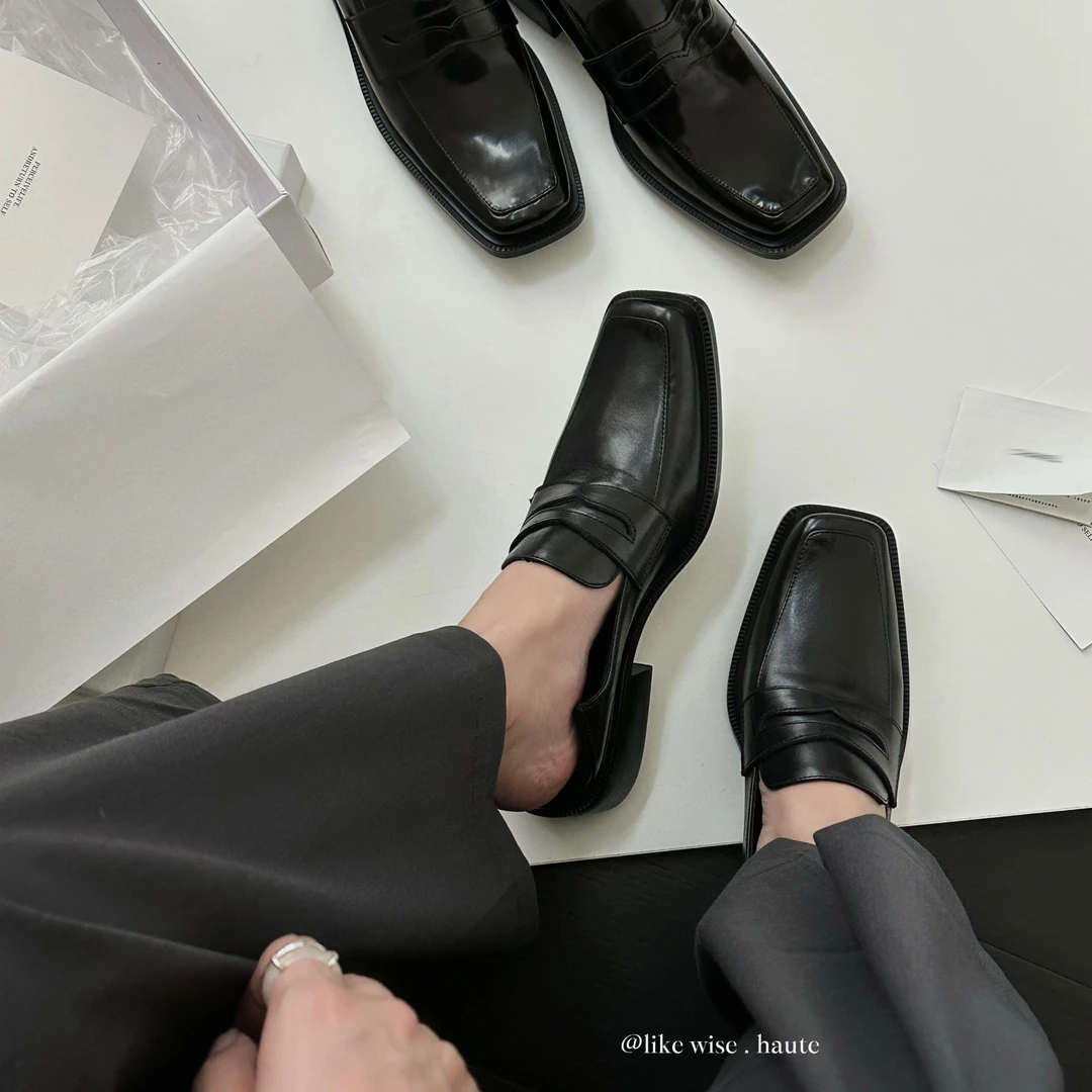 LIKE WISE HAUTE ·4CM方头粗跟厚底中古英伦风简约时尚德比乐福鞋