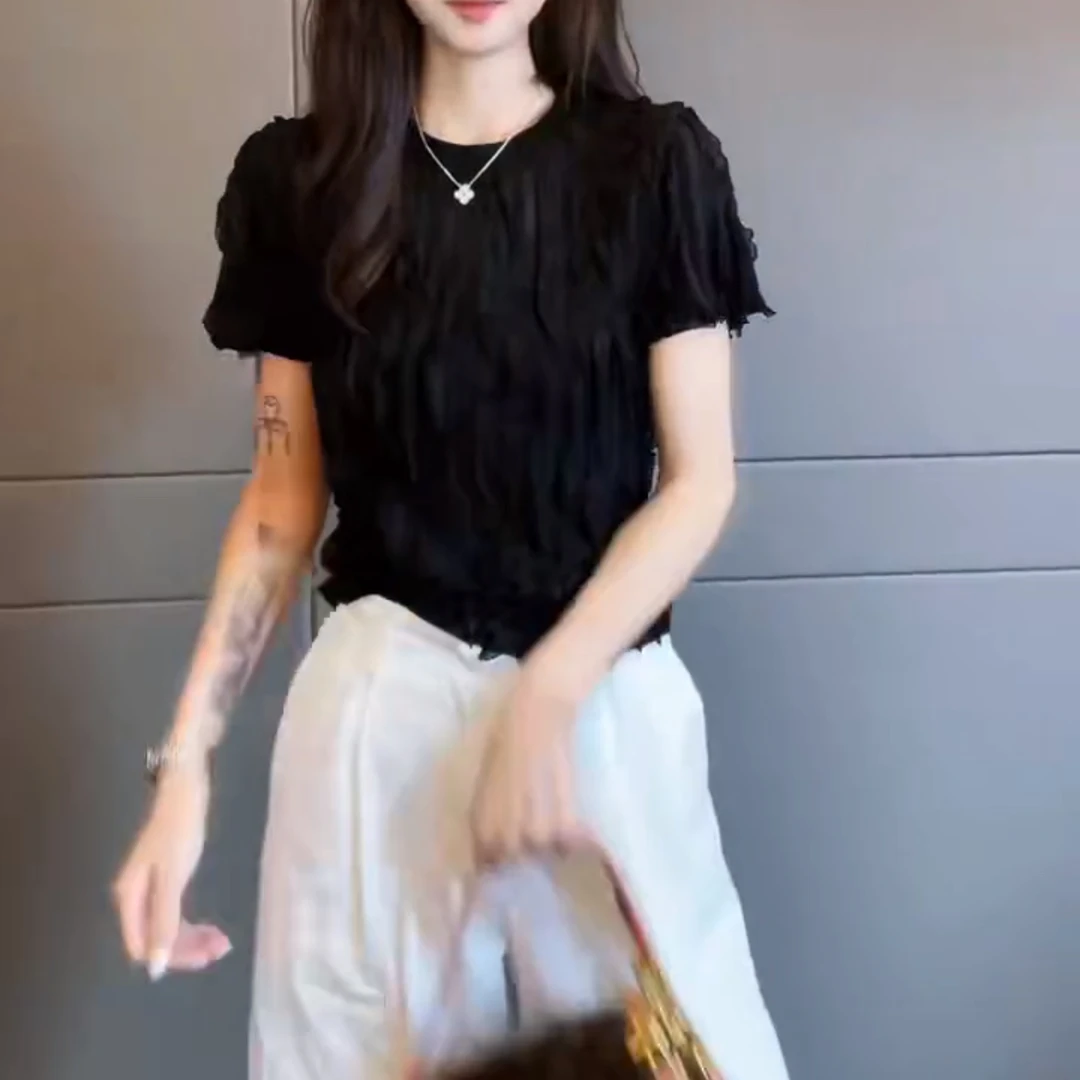 2025夏季新款 立体荷叶圆领短袖T恤女百搭显瘦上衣