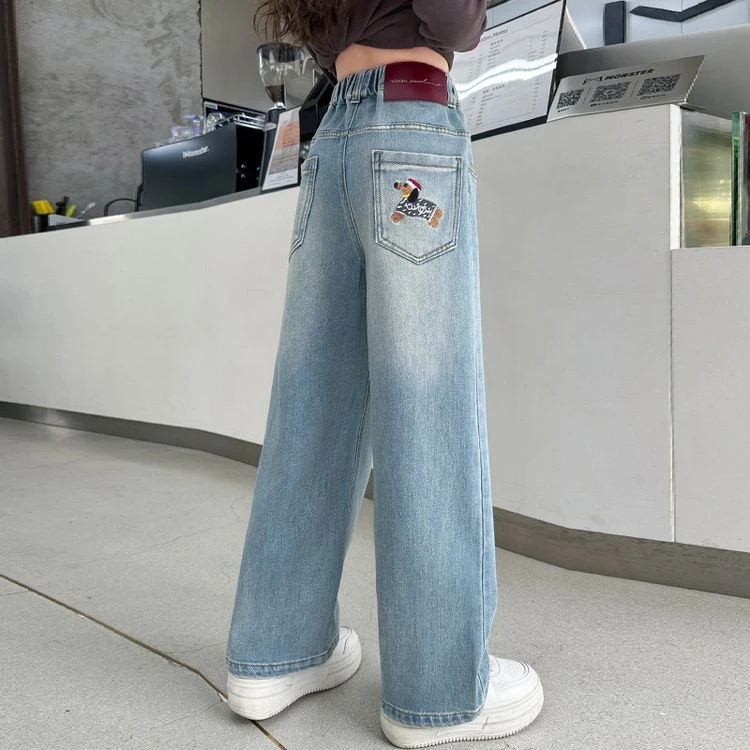 欧若风女童秋季牛仔裤2025新款中大童春秋儿童休闲洋气绣花阔腿裤