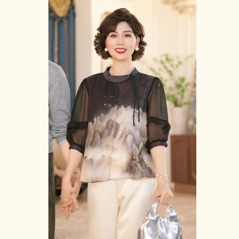中年妈妈春夏新中式上衣服套装2025新款洋气中老年女装国风两件套