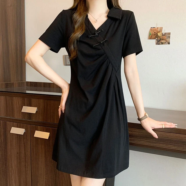 纯欲风新中式盘口收腰短袖连衣裙女夏季大码胖mm设计感显瘦T恤裙
