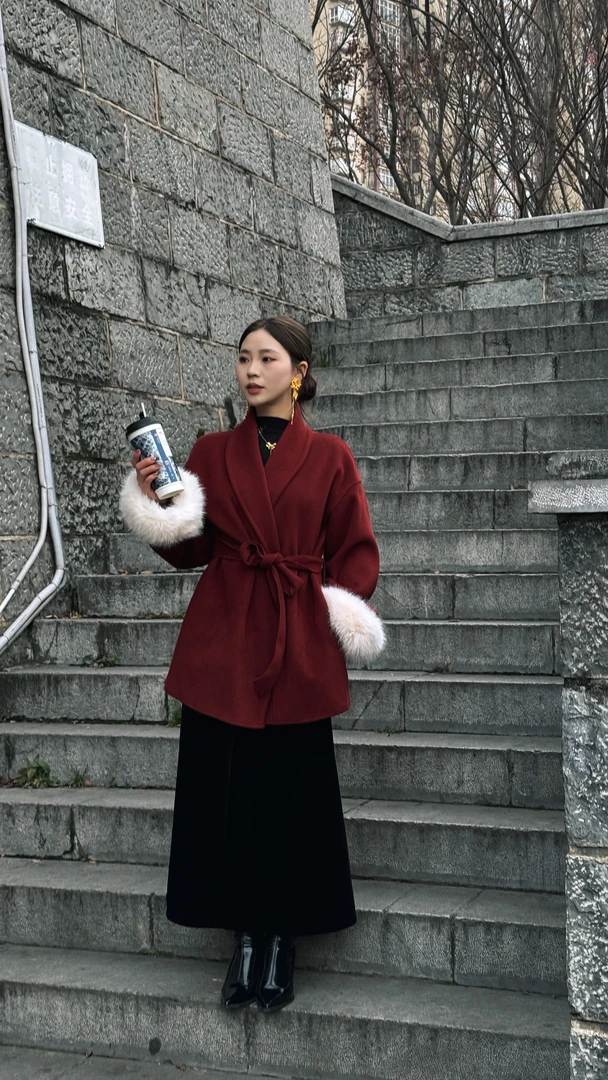 2024秋冬新款宽松版中长款大衣气质双面呢子大衣