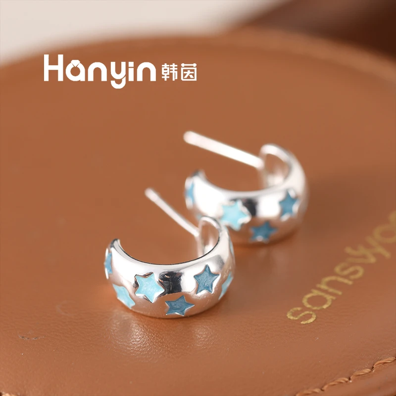 铜合金耳饰 925银针蓝色五角星原创设计个性C形耳钉