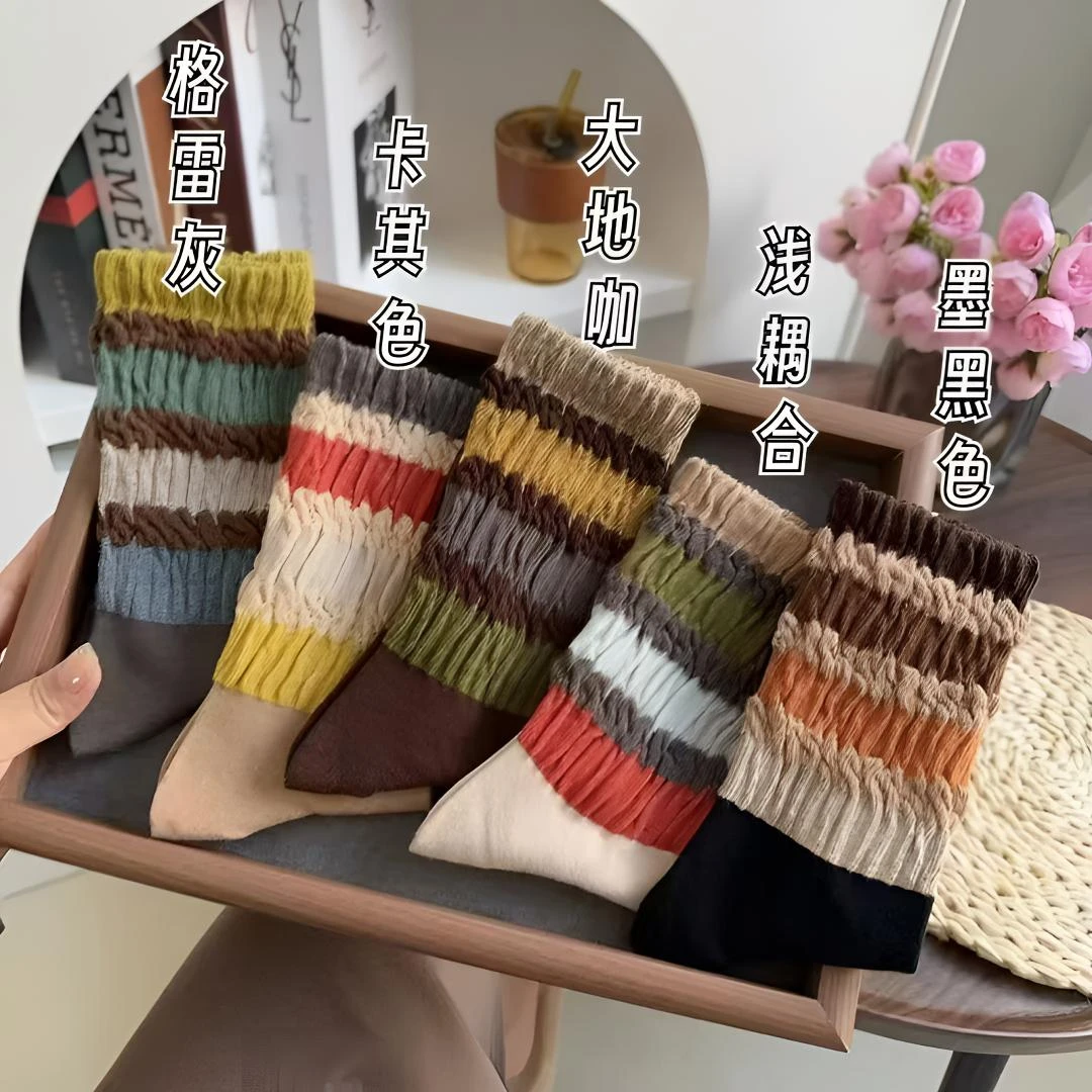 袜子慵懒风网红款ins韩版条纹彩虹复古女秋冬中筒松口不勒腿长袜