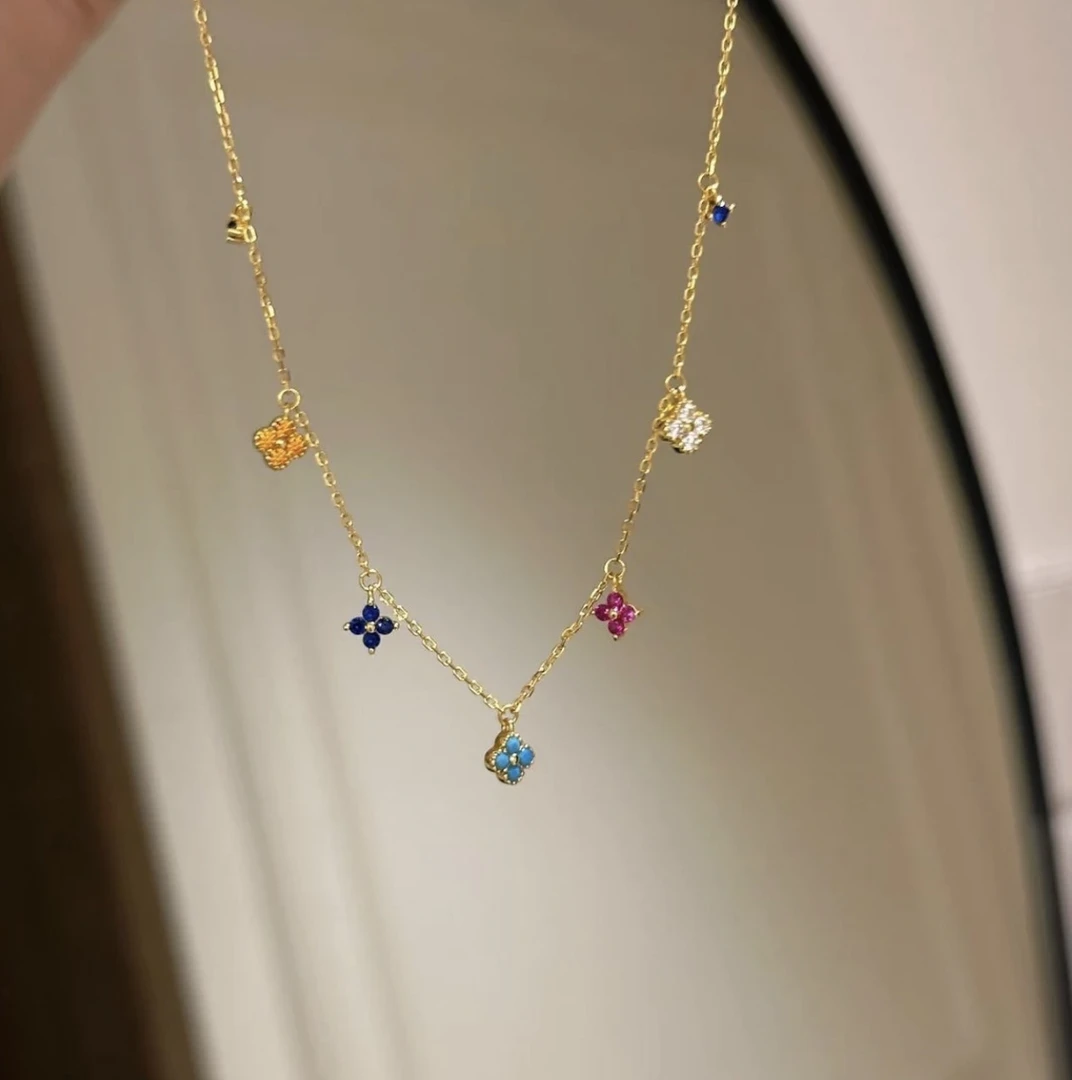 合金项链 中古彩色滴釉四叶草项链轻奢高级感小众颈链锁骨链配饰