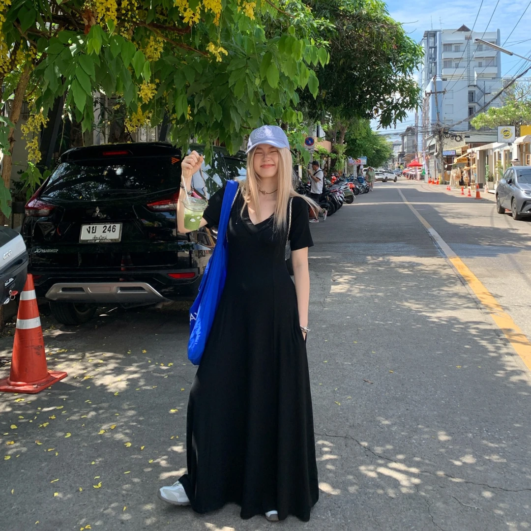 爆爆法式背心大码长裙吸汗V领短袖夏季收腰高弹力性感气质连衣裙