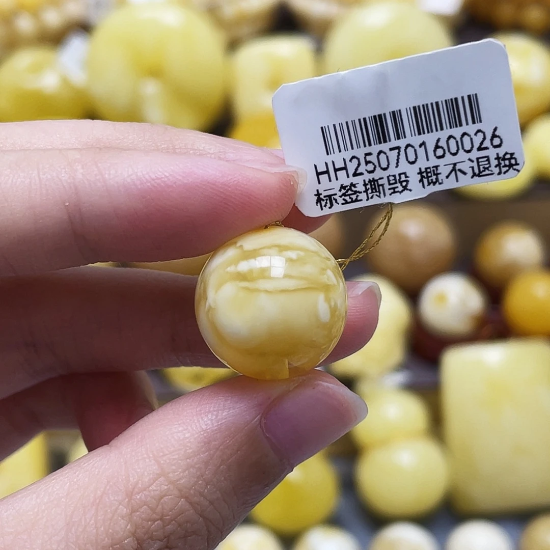 琥珀未镶嵌裸石16.5mm金白妖花溶洞圆珠瑕