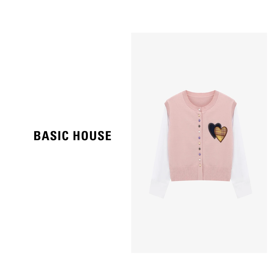 Basic House/百家好设计款时尚百搭拼接提花开衫毛衣-B0625H5J492