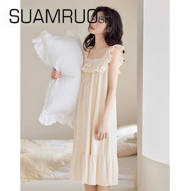 韩版长款吊带睡裙女夏季薄款甜美新款防凸点睡衣纯棉夏天连衣裙