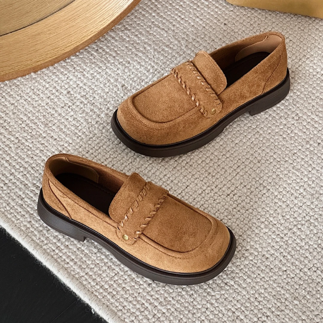 6827中口低跟圆头拼色乐福鞋百搭皮鞋休闲鞋子厚底