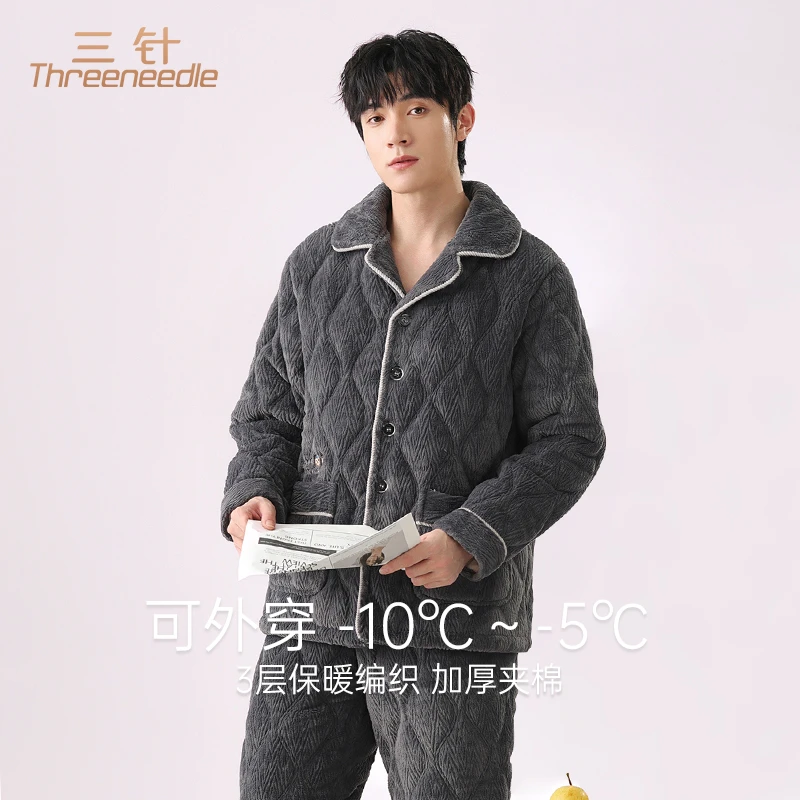 Three Needle/三针男士冬季加绒加厚法兰绒长袖保暖家居服套装